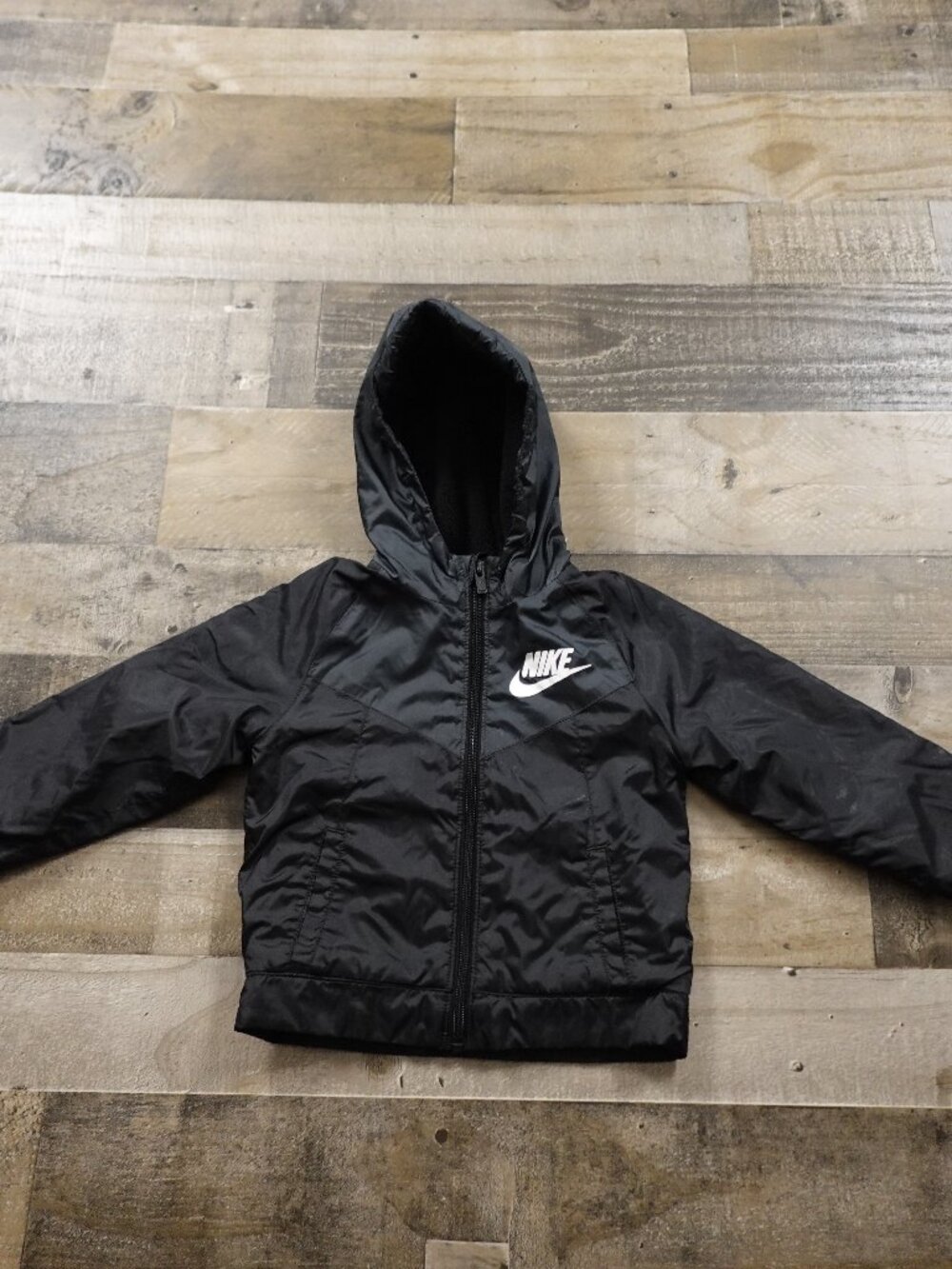 Nike Fleece Lined Hooded Jacket Boys 3T Black Full Zip Windbreaker Swoosh
